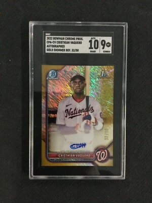 SGC 9 2022 Bowman Chrome Cristhian Vaquero Gold Shimmer Refractor Auto /299 - Image 1 of 2
