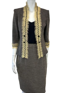 ST. JOHN Couture 2PCS Knit Jacket Skirt 4 Black Natural Raffia Trim - Picture 1 of 18