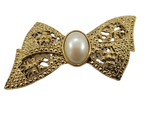 Vintage Schleife Band Brosche Anstecknadel goldfarben filigran Kunstperlen Mitte Mode - Bild 1 von 10