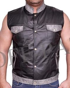 (REDUCED) (FOR 40 CHEST )BLACK & GREY Mens Real Leather Biker Cut Waistcoat - Picture 1 of 2