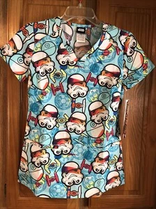 NWT CHEROKEE TOONYFORMS DISNEY STAR-WARS S/Sleeve Scrubs (XXS) Pockets Blue - Picture 1 of 8