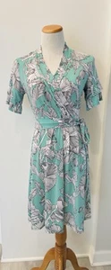 Liz Claiborne Career Wrap Midi Dress Sz Small, Wrap Tie, Green & White Floral - Picture 1 of 6