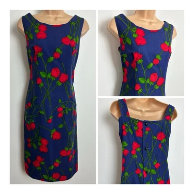 Vintage 1960’s Navy Blue & Red Floral Cotton Shift Dress With Pockets Size 10 - Image 1 of 4