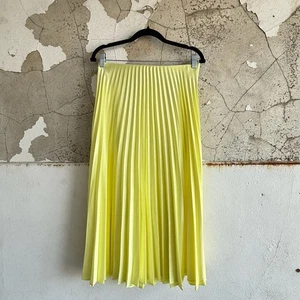 Zara Pleated Midi Skirt Yellow Satin Look Bright Statement Size Large - Picture 1 of 6