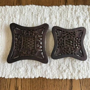 Vtg Boho Hand Carved Wood TRIVET PLANT STAND Hot Pad Wall Art Decor Floral India - Picture 1 of 9