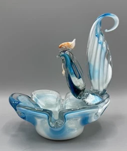 Vintage Mexican Glass MCM Blown Glass Art Blue White Swirl Rooster Dish - Picture 1 of 11
