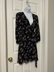 Ganni Black Floral 3/4 Sleeve True Wrap Fit & Flair Mini Dress Sz 34 (4) - Picture 1 of 12