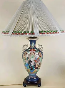 Japanese Moriage Vase Lamp w/ Shade, Maple Wooden Base - Picture 1 of 24