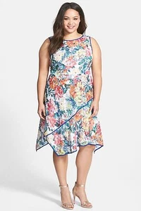 Adrianna Papell Floral Print Asymmetrical Fit & Flare DresSZ 14W,16W,18W,20W,22W - Picture 1 of 2