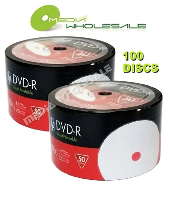 100 HP Blank 16X DVD-R DVDR White Inkjet Hub Printable 4.7GB Media Disc 2x50pk - Image 1 of 4
