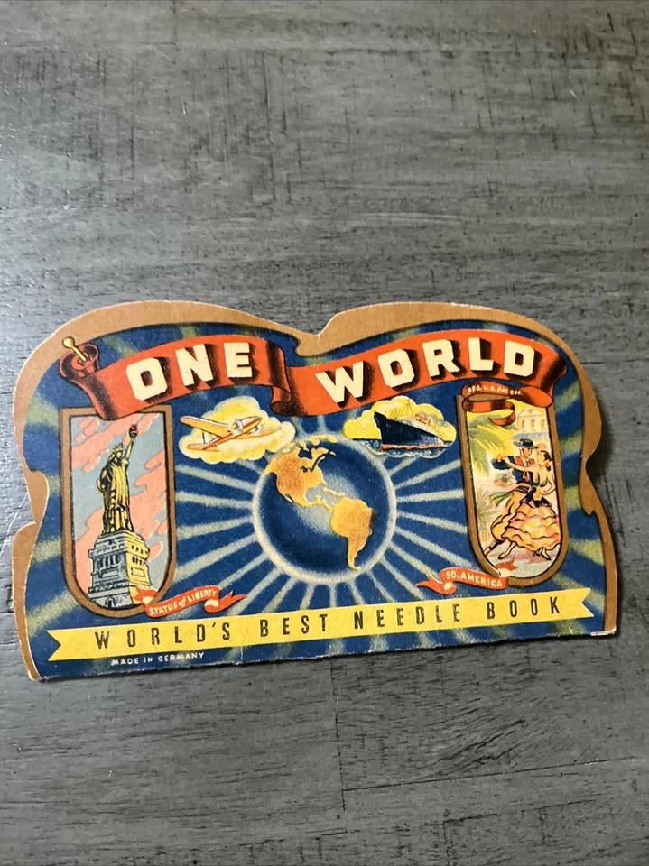Antiguo soporte de aguja publicitaria de cartón One World "Mejores agujas de ojos dorados" Foto 1 de 4