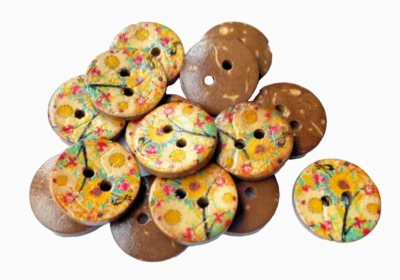 15 Coconut Shell Buttons, Yellow Flower Design Round Knitting Buttons 15mm - Image 1 of 2
