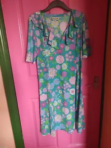Vintage Ken Scott Dress Size 44. Modern UK 14-16 Turquoise Floral Stretchy - Picture 1 of 7