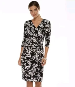 Chaps Faux Wrap Dress Black White Knee Length Floral Ruched 3/4 Sleeve Size XL - Picture 1 of 8