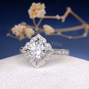 2.1ct Round Cut Moissanite Floral Milgrain Halo Women Ring Solid Platinum Pt950 - Picture 1 of 10