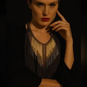 VINTAGE BOHO STATEMENT NECKLACE Multi Strand Fringe Beads & Chains Tribal Gypsy - Picture 1 of 5