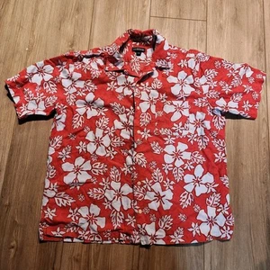 Lands End Mens Hawaiian Aloha Button-Up Shirt RED Flowers Large 16-16.5 Hibiscus - Picture 1 of 13