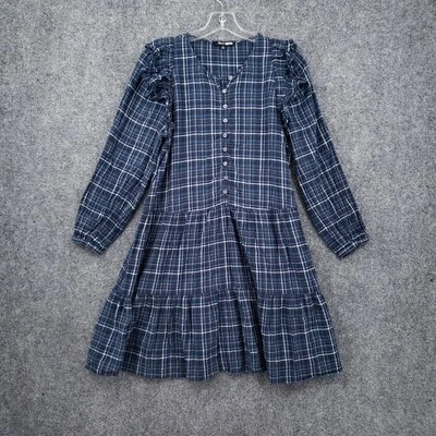 Madewell 连衣裙女式 XS 蓝色纱布褶皱装饰迷你长袖格子分层 — 第 1/4 张图片