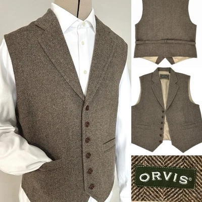 Orvis Herringbone Tweed Waistcoat Vest Mens Sz Large Brown  100% Wool Back Belt - Image 1 of 4