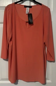 NWT Coco Bianco Womens Knit Tunic Size 1X Orange Coral 3/4 Sleeves Brass Accent - Picture 1 of 5