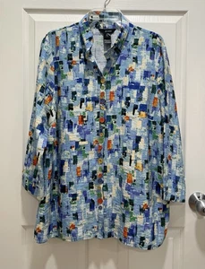 ALI MILES Women XL Wire Collar Button Up Shirt Blue Multi Abstract Artsy - Picture 1 of 8