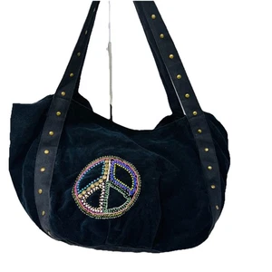 HIPPY PEACE Sign Bag Metallic Stud Black Velour Shoulder Bag Colorful Beads Boho - Picture 1 of 10