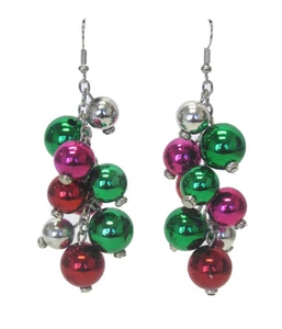 CHRISTMAS ORNAMENTS Dangle Earrings Red Pink Green Silver Dangle Pierced Earring - Picture 1 of 1