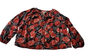 Emaline Women's Large Petite Long Sleeve Blouse Shirt Floral Red Black NEW - Picture 1 of 9