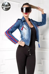 Ocassion Damen Jeansjacke Cropped jacke Blau  lederlook XS-L - Bild 1 von 5