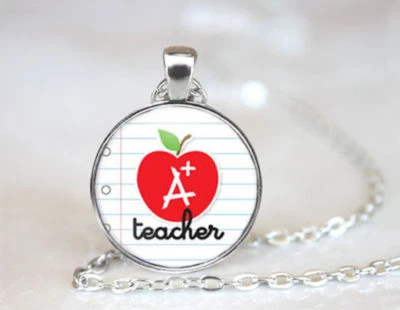 TEACHER APPLE SCHOOL CLASS  women men pendant Silver 20" Necklace FREE BOX - Image 1 of 4