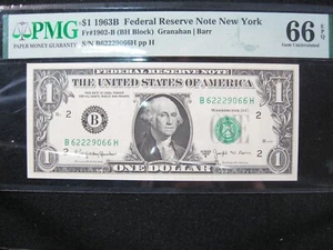 1963B Federal Reserve Note $1 Fr# 1902-B (BH Block) PMG 66 EPQ *NEW YORK* Barr - Picture 1 of 2