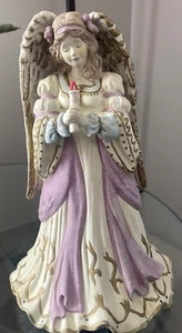 VTG CERAMIC ANGEL PURPLE & CREAM HOLDING A CANDLE / Plays music - Picture 1 of 6