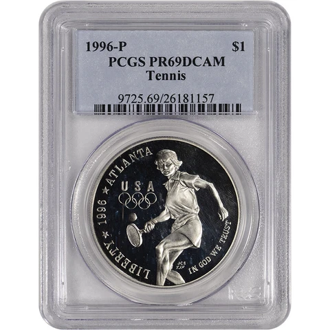 1996-P US Atlanta Olympic - Tennis Commem Proof Silver Dollar - PCGS PR69 DCAM Cover