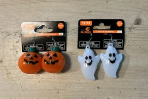 Happy Halloween Jack-O-Lantern Pumpkin & Ghosts Light-Up Earrings, 2 Pair (New) - Picture 1 of 4