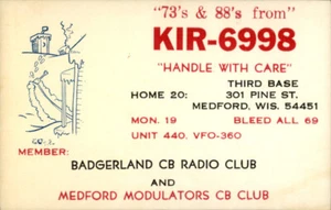 Medford, WI QSL Amateurfunk KIR-6998 Badgerland CB Radio Club Wisconsin Postkarte - Bild 1 von 2