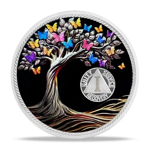 1 Year Sobriety Coin | Butterfly Tree AA Chips Medallion | One Year Sober Gifts - Picture 1 of 12
