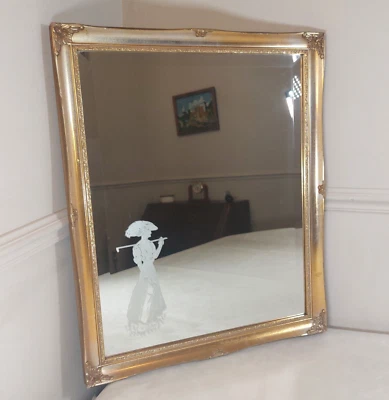 Wall Mirror 19th Century Style Gold Coloured Frame Etched With Female Golfer Vtg - Image 1 of 4