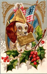 Postcard Merry Christmas Patriotic Cocker Spaniel Puppy Divided Back Unposted - Bild 1 von 2