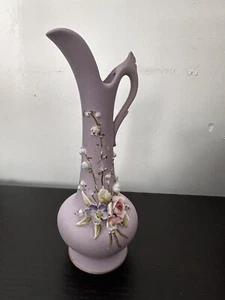 Vintage Lefton Purple Vase with Applied flowers. Stands 7" - Picture 1 of 4