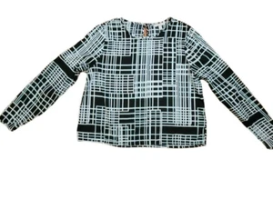 Banana Republic Top Medium Black White Blue Geo Print Keyhole Long Sleeve - Picture 1 of 7