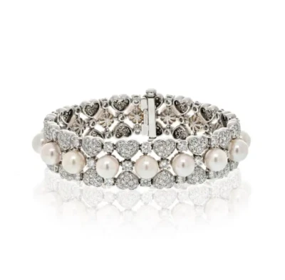 生动白色铺面套装实验室制造的钻石和巨大珍珠心形链精美手链 — 第 1/4 张图片