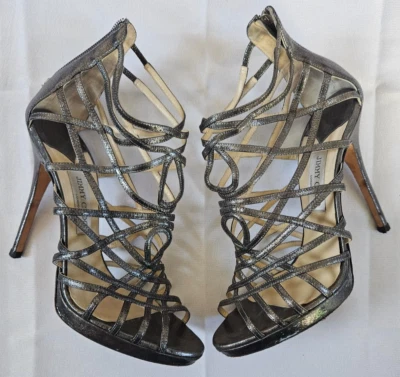 Jimmy Choo Talla 41 Cuero Brillo Gladiador Tacones Antracita Metálico Plata Gris Foto 1 de 4