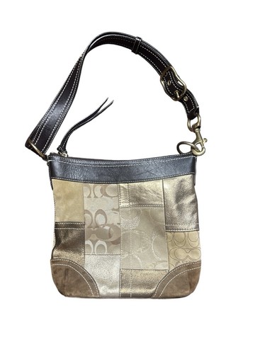 Borsa a tracolla Coach vintage monogramma patchwork marrone scamosciato oro pelle Y2K