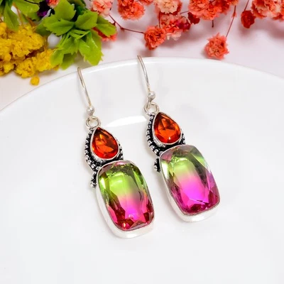 Pendientes de plata de ley 925 con piedras preciosas granate de cuarzo turmalina bio 2" U925 Foto 1 de 4