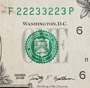 F22233223P $1 Binary 2s 3s Step Ladder 2223 3223 Fancy Serial Number One Dollar - Picture 1 of 3