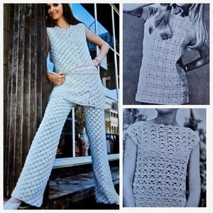 1960s Granny Square Shift Minidress Flares Shell Sirdar 9942 Crochet Pattern - Foto 1 di 6