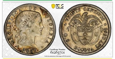 1897 COLOMBIA 20 CENTAVOS SILVER COIN PCGS AU55 - Image 1 of 4