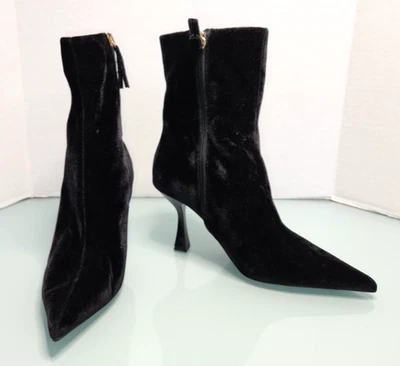 Zara Mujer Negro Terciopelo Punta Punta Media Pantorrilla Infernal Botas Cremallera Lateral Nuevo Talla 36 Foto 1 de 4