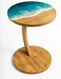 15" Resin Ocean Side Table, Live Edge Wood End Table, Coastal Decor - Picture 1 of 4