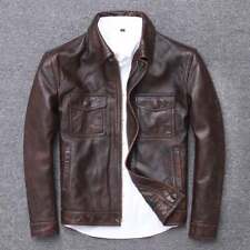 Mens Vintage Dark Brown Distressed Real Sheep Leather Jacket Biker Style Collard
